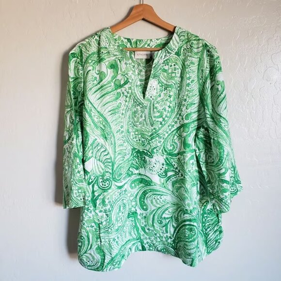 Chico's 100% Linen Paisley Sequin Tunic Green Sz XL Round Hem Vacation Tropical - Picture 1 of 7